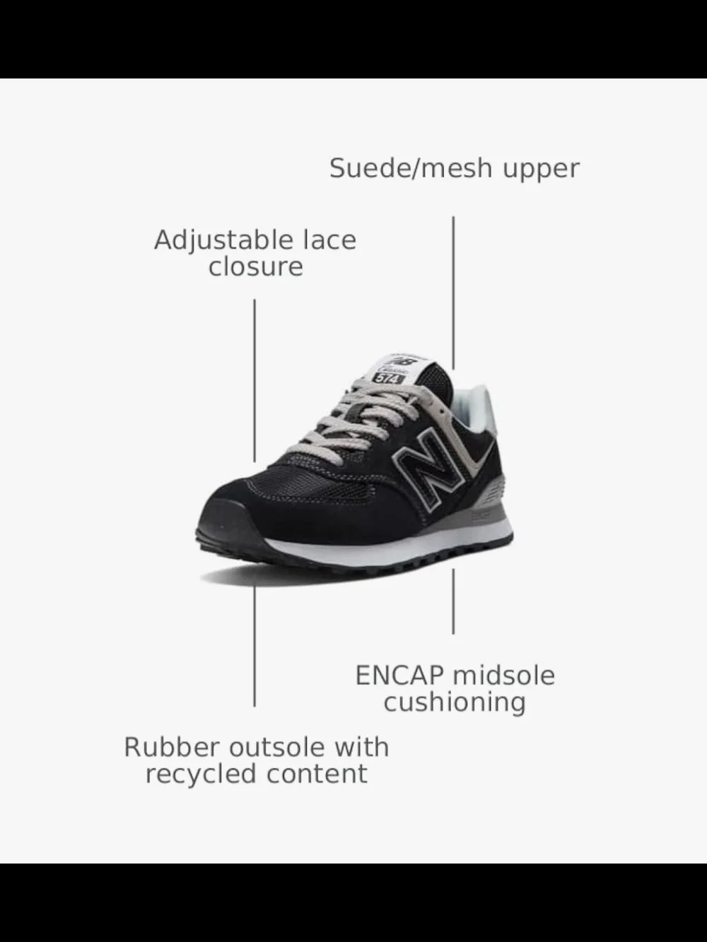 Womens New Balance Black & White 574 Retro Runner Size 8.5 Excellent Condition - Picture 3 of 6